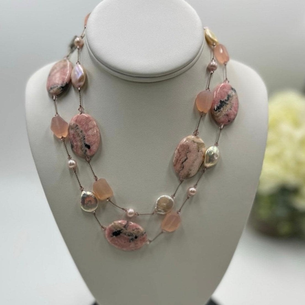 Margo Morrison‎ Rhodonite Opal Chalcedony Pink White Pearl Crystal 925 Necklace